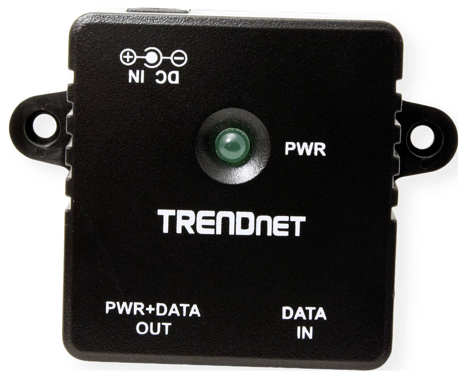 'TRENDnet PoE-Splitter, Draufsicht, zeigt DC-Stromeingang, Daten-Eingangsport und Stromanzeigelampe'