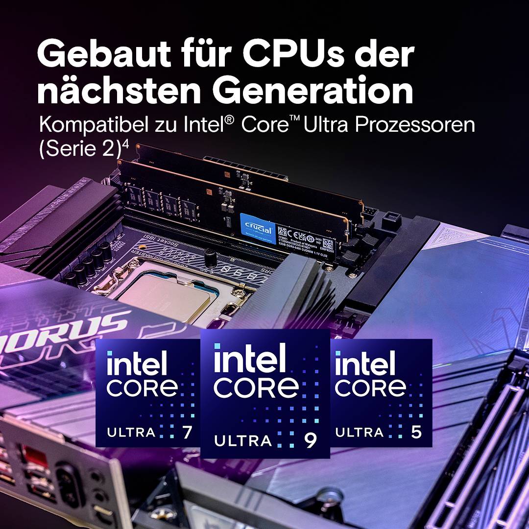 'Motherboard mit integrierten Slots. Kompatibel mit Intel Core Ultra Prozessoren der Serie 2: Ultra 5, Ultra 7, Ultra 9.'