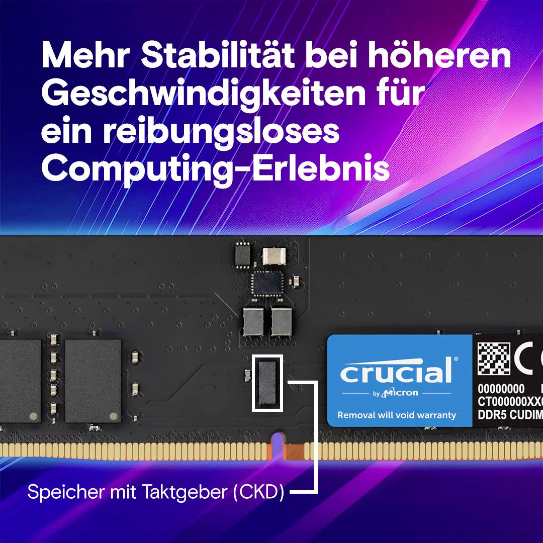 Mehr Stabilität und Geschwindigkeit für Computing-Erlebnis. Bild eines Crucial DDR5-Speichermoduls mit Garantiesiegel.