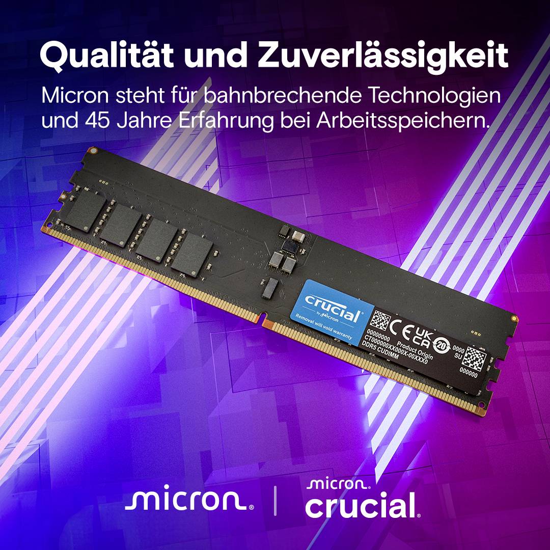 Arbeitsspeicher mit Micron- und Crucial-Logos auf einem farbigen Hintergrund, Text: 'Qualität und Zuverlässigkeit', betont bahnbrechende Technologien.