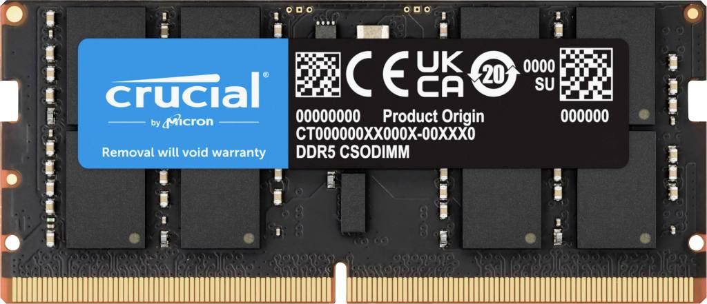 Ein kritisches DDR5 SO-DIMM RAM-Modul mit einer Beschriftung, die den "Produktursprung" anzeigt und eine Warnung enthält: "Entfernung führt zum Garantieverlust."