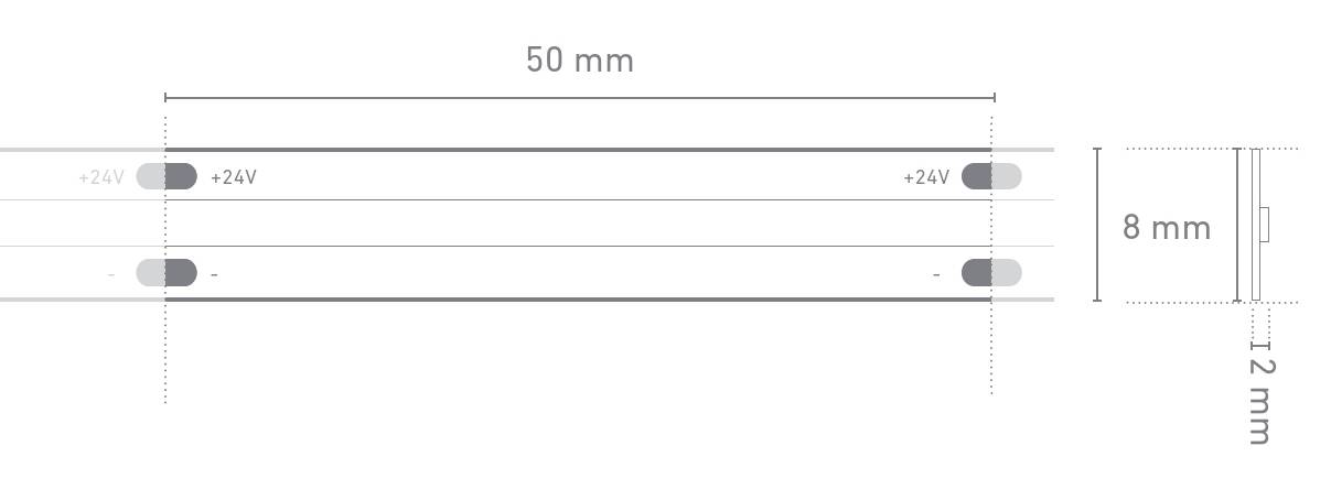 Diagramm, das die Abmessungen einer Komponente zeigt: Länge 50 mm, Höhe 8 mm und Dicke 1,2 mm. Beschriftungen: '+24V' an den Seiten.