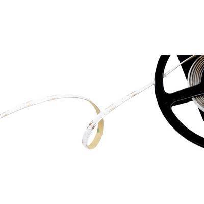 Eine Rolle LED-Lichtleiste mit weißer Grundfläche und schwarzer Spule, teilweise abgerollt, wobei kleine Lämpchen gleichmäßig entlang des Streifens angeordnet sind.