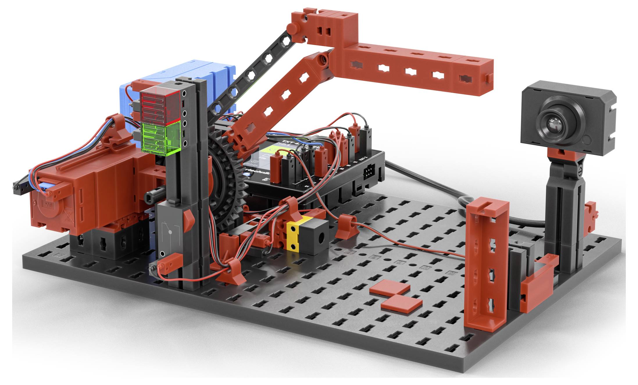 Eine Roboteranordnung mit roten und schwarzen Komponenten, ausgestattet mit einer Kamera und mehreren Sensoren, die fortschrittliche Ingenieurskunst und Automation veranschaulicht.