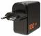 Ein schwarzer USB-Wandladegerät mit zwei Stiften und einem orangefarbenen Etikett mit der Aufschrift "100" an der Seite.