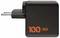 Ein schwarzes UAG 100W-Ladegerät mit europäischen Steckdosenadaptern ist zu sehen, mit dem orangefarbenen Text '100 UAG Built to Go Further'.