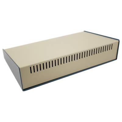 Eine rechteckige beige Metallbox mit geschlitzten Lüftungsöffnungen an den Seiten, möglicherweise für elektronische Komponenten oder Geräte verwendet.