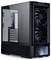 Ein schwarzer Computer-Tower mit einer Glasseite, die interne Lüfter und Komponenten zeigt. Eine digitale Anzeige an der Front präsentiert Systeminformationen.