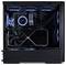 Ein Desktop-PC-Innenleben mit leuchtend blauer LED-Beleuchtung, der eine große Grafikkarte, ein Flüssigkühlsystem und eine ordentliche Kabelführung präsentiert.