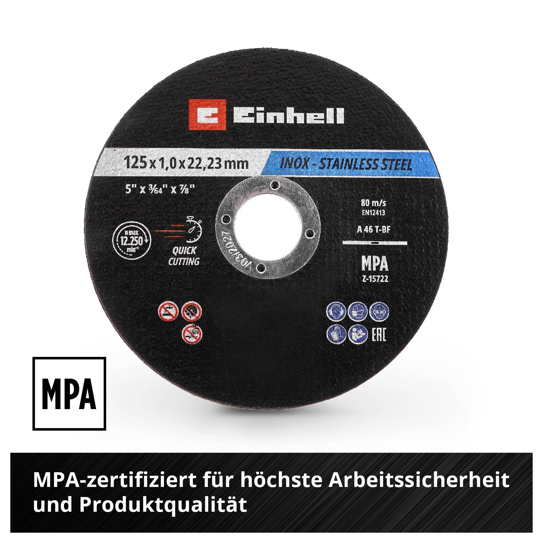 'Rot-schwarze kabellose Winkelschleifer, Marke Einhell, mit einer Schneidscheibe. Text: Markenunabhängig für gebräuchliche Winkelschleifer mit 80 m/s Umfangsgeschwindigkeit.'
