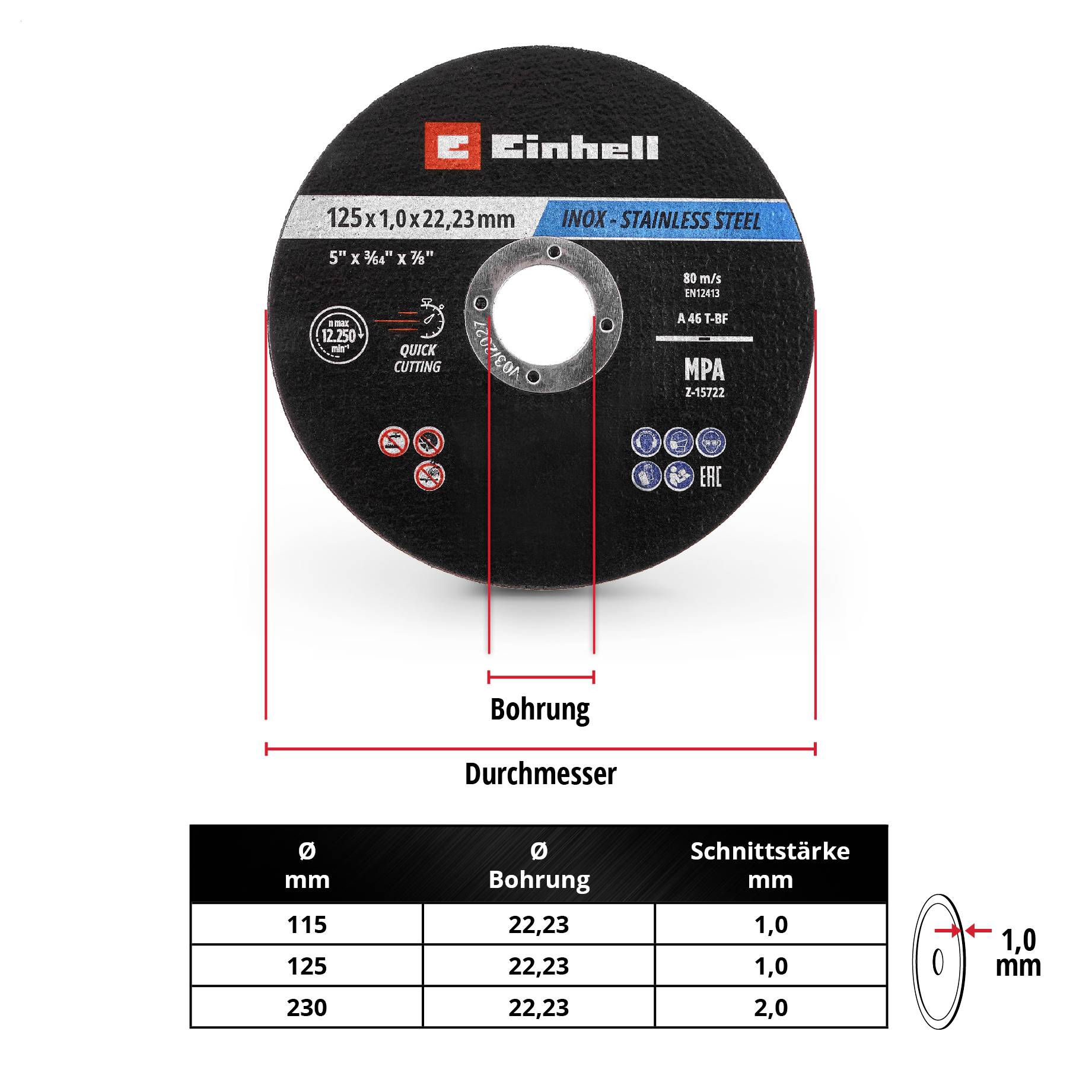 Eine Einhell Trennscheibe mit den Maßen 125x1,0x22,23 mm für Edelstahl und Stahl, zeigt Piktogramme für perfekte, schnelle Schnitte.