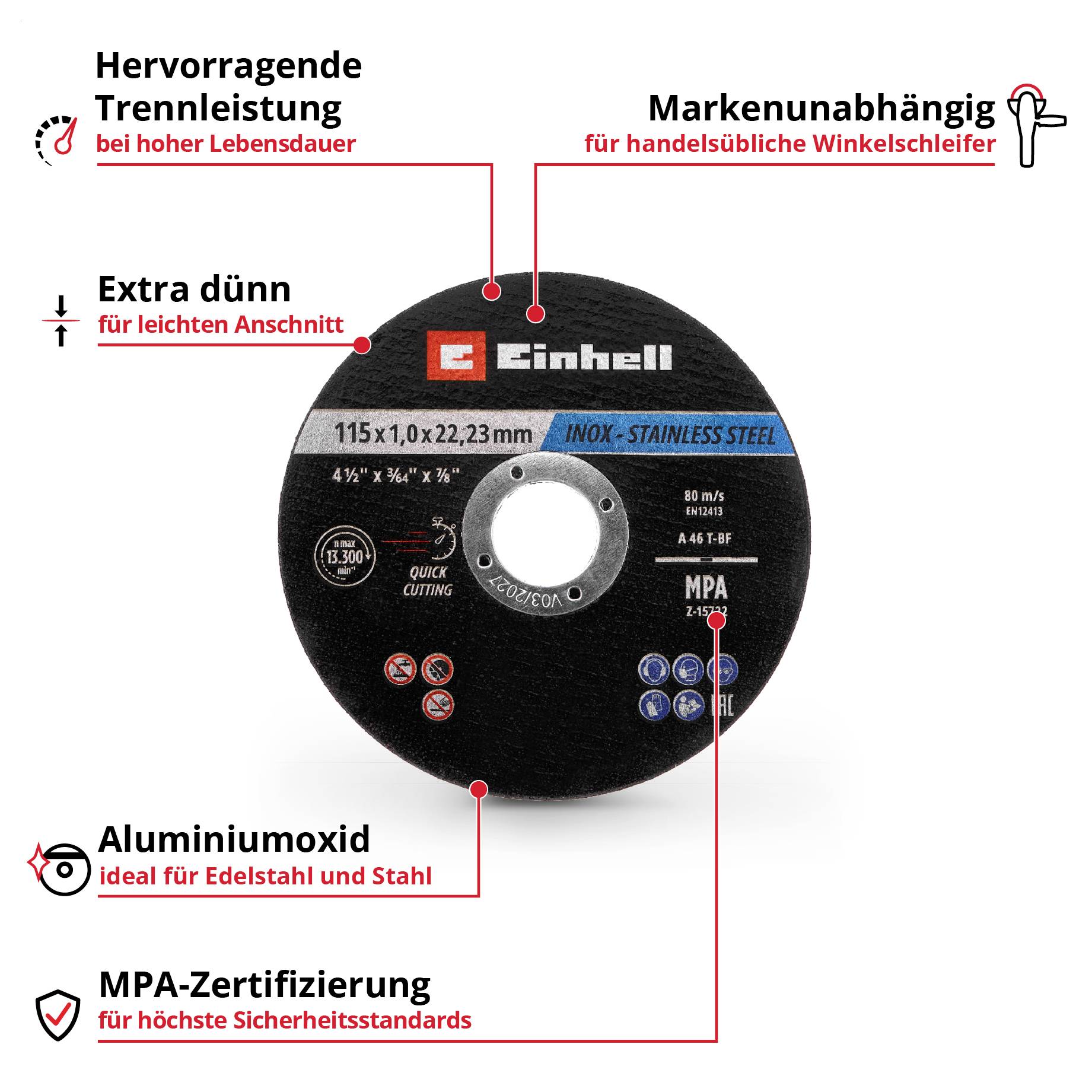 'Einhell' Trennscheibe. Eigenschaften: hervorragende Trennleistung, extra dünn, Aluminiumoxid, MPA-Zertifizierung, markenunabhängig.