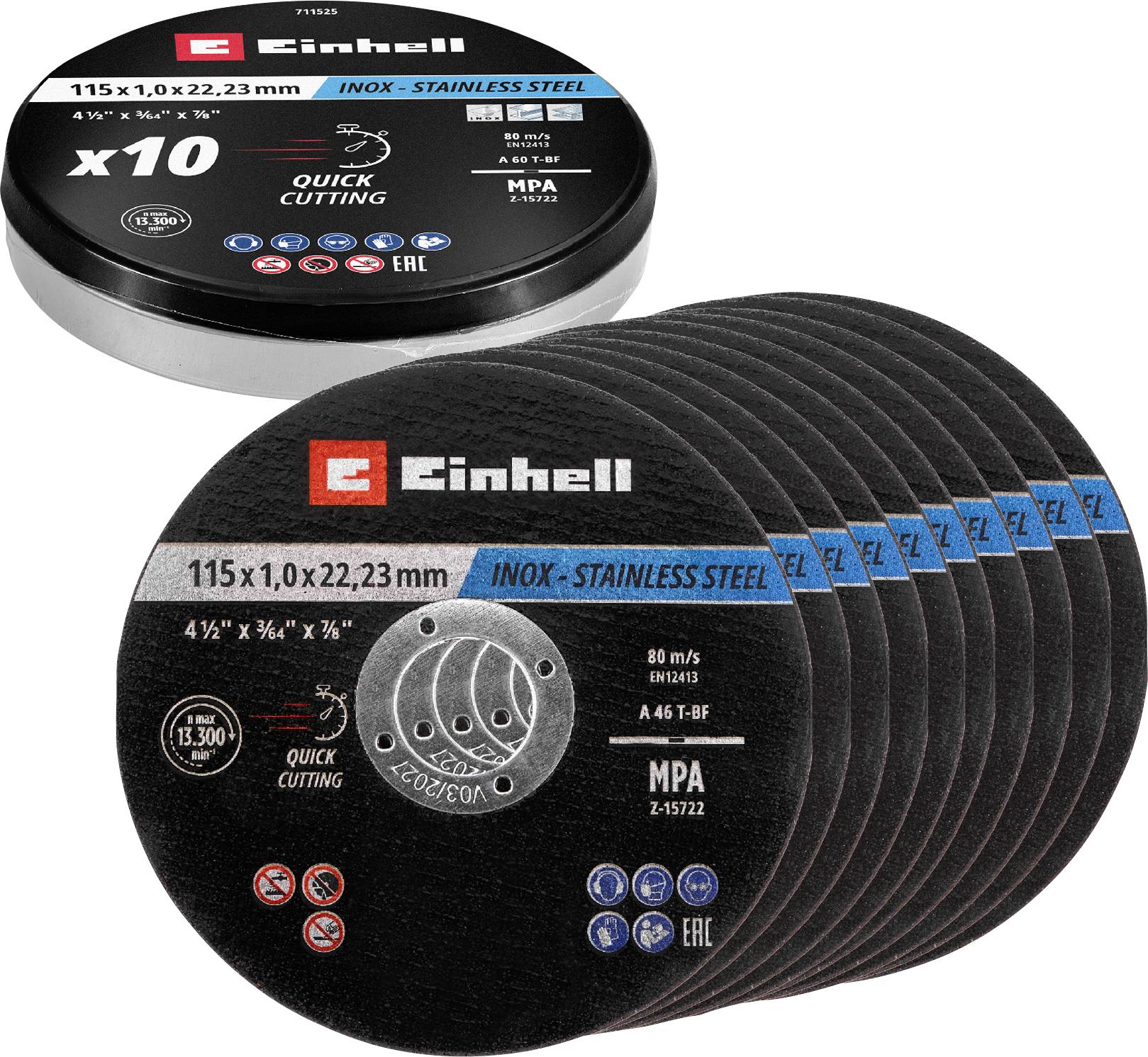 Einhell 711525 Trennscheiben-Set 115 mm 10 St. Metall, Edelstahl, Stahl, Blech
