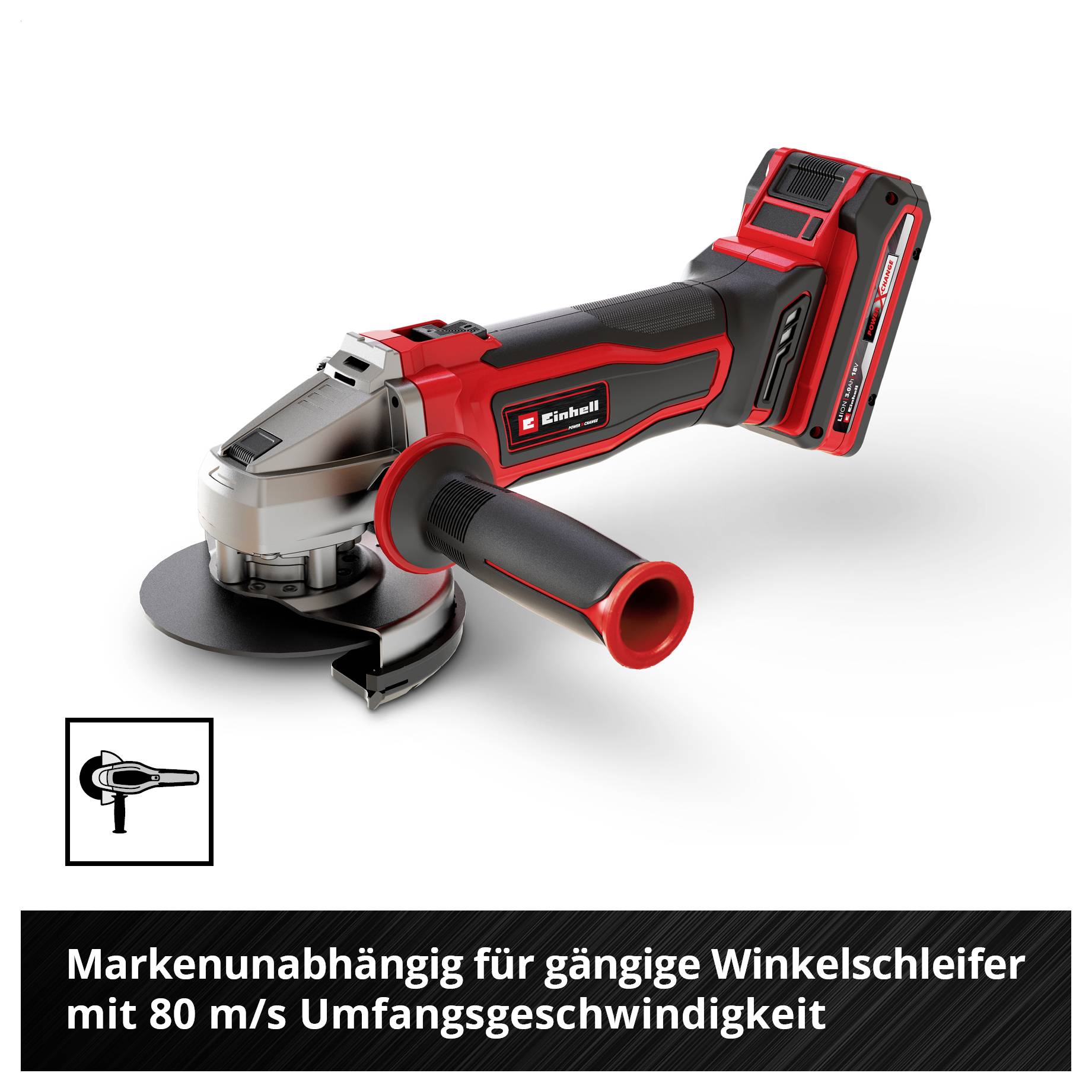 'Einhell Akku-Winkelschleifer in Rot-Schwarz mit Handgriff, geeignet für marktübliche Schleifscheiben. 80 m/s Umfangsgeschwindigkeit.'