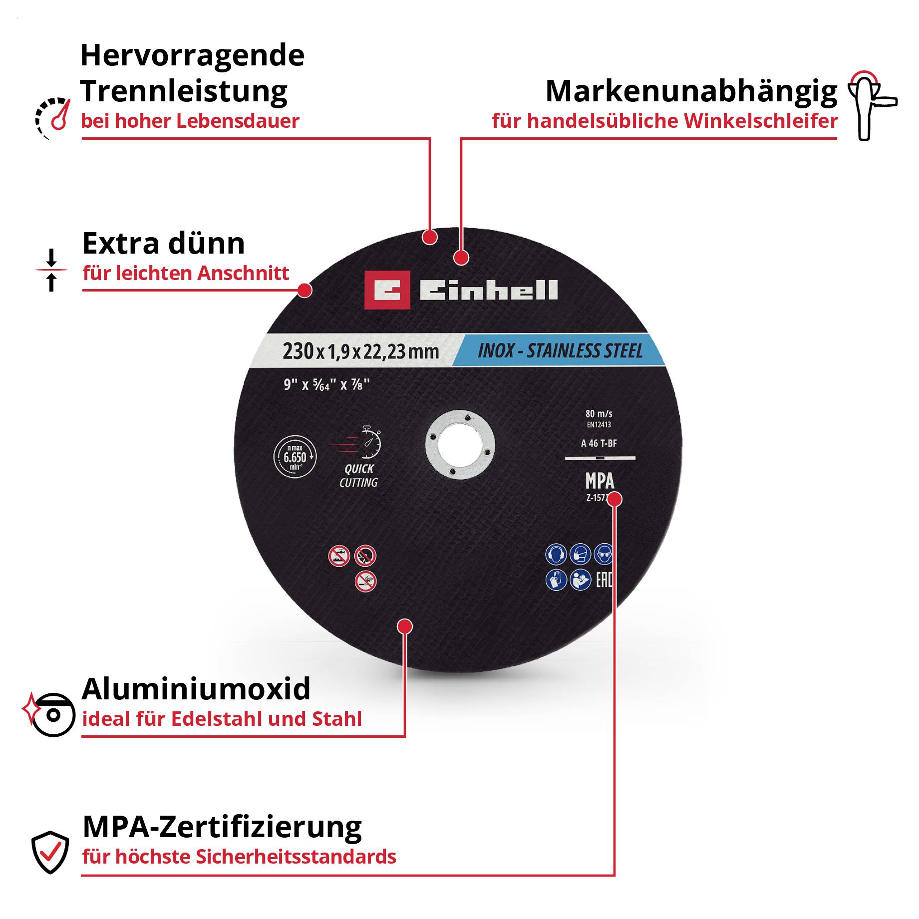 'Einhell Trennscheibe, extra dünn, Ø 230 mm für Edelstahl/Stahl, Aluminiumoxid für leichte Schnitte, hohe Trennleistung und Lebensdauer, MPA-zertifiziert.'