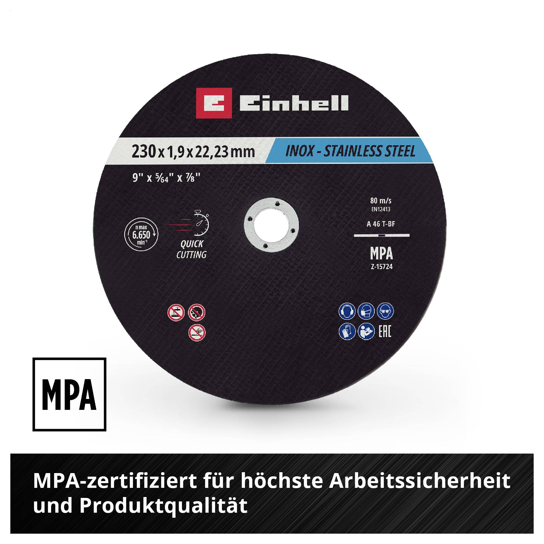 'Einhell Trennscheibe für Edelstahl, 230x1,9x22,23 mm, geeignet für Schnitttiefe 22,23 mm. MPA-zertifiziert für Sicherheit und Qualität.'