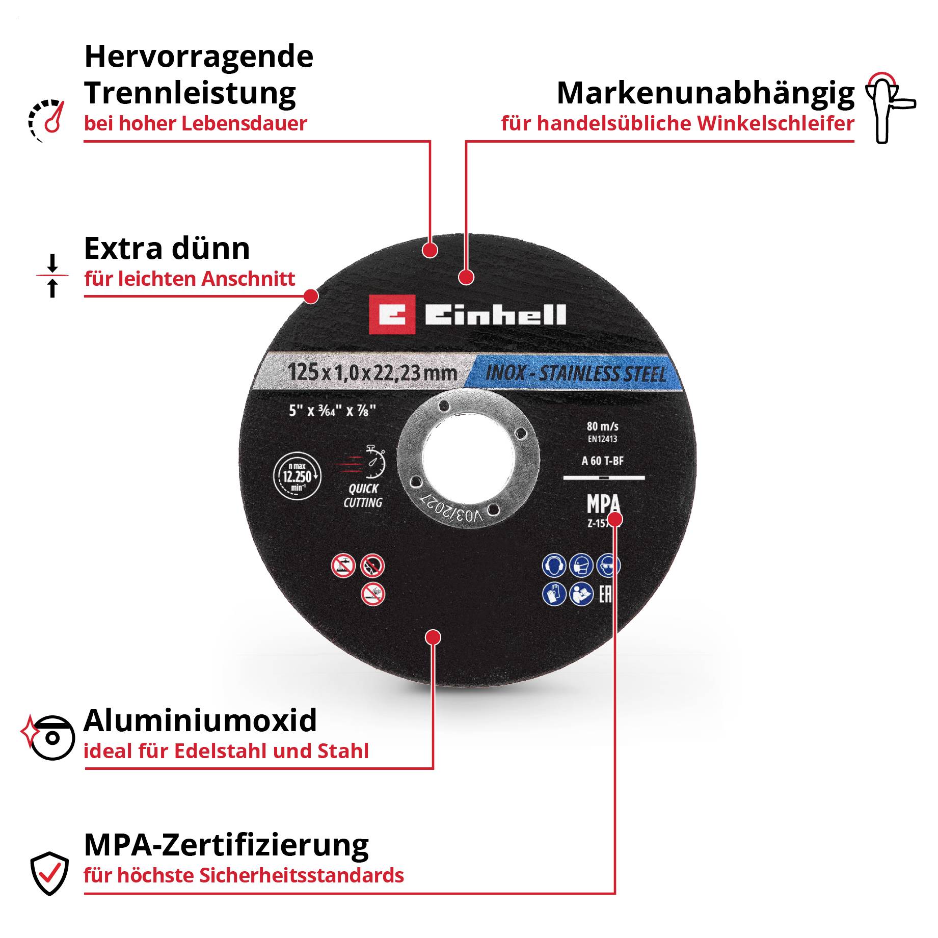 Schleifscheibe mit Einhell-Logo, Durchmesser 125 mm x 1,0 mm, für Edelstahl und Stahl. Eigenschaften: extra dünn, langlebig, MPA-zertifiziert.