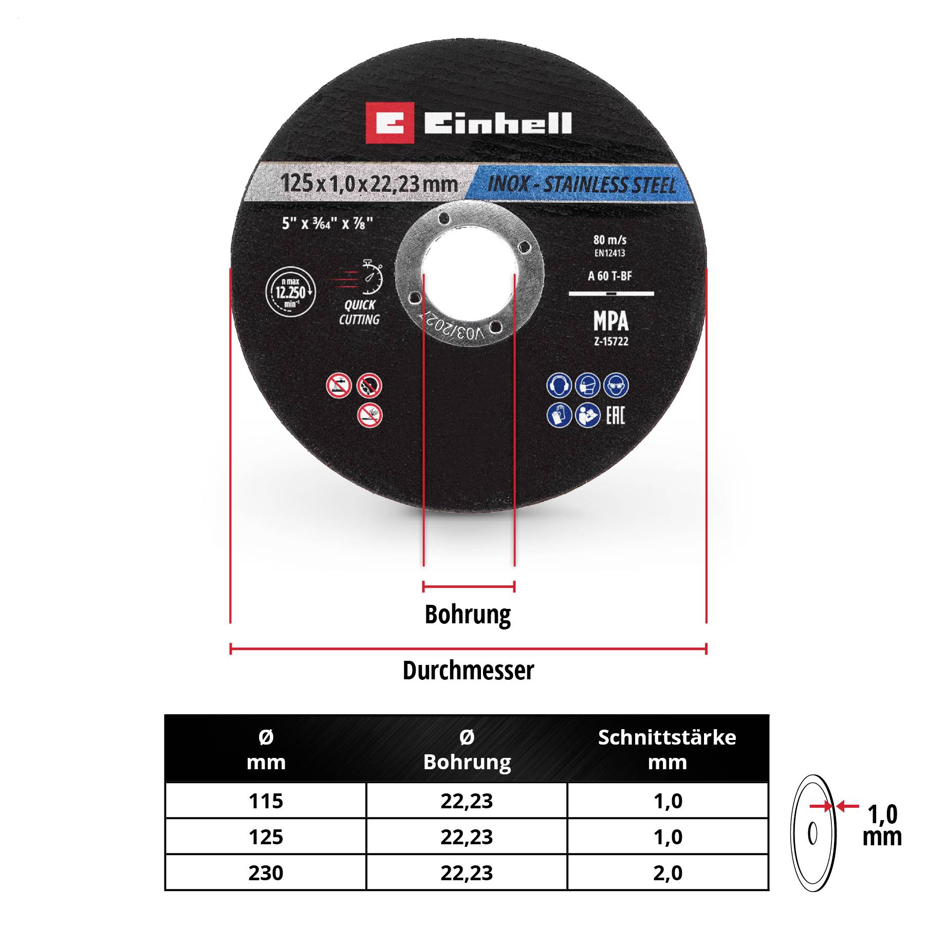 'Einhell Schleifscheibe, 125 x 1,0 x 22,23 mm, INOX-Stainless Steel, passend für Ø22 mm Bohrung, Schnittstärke 1,0 mm.'