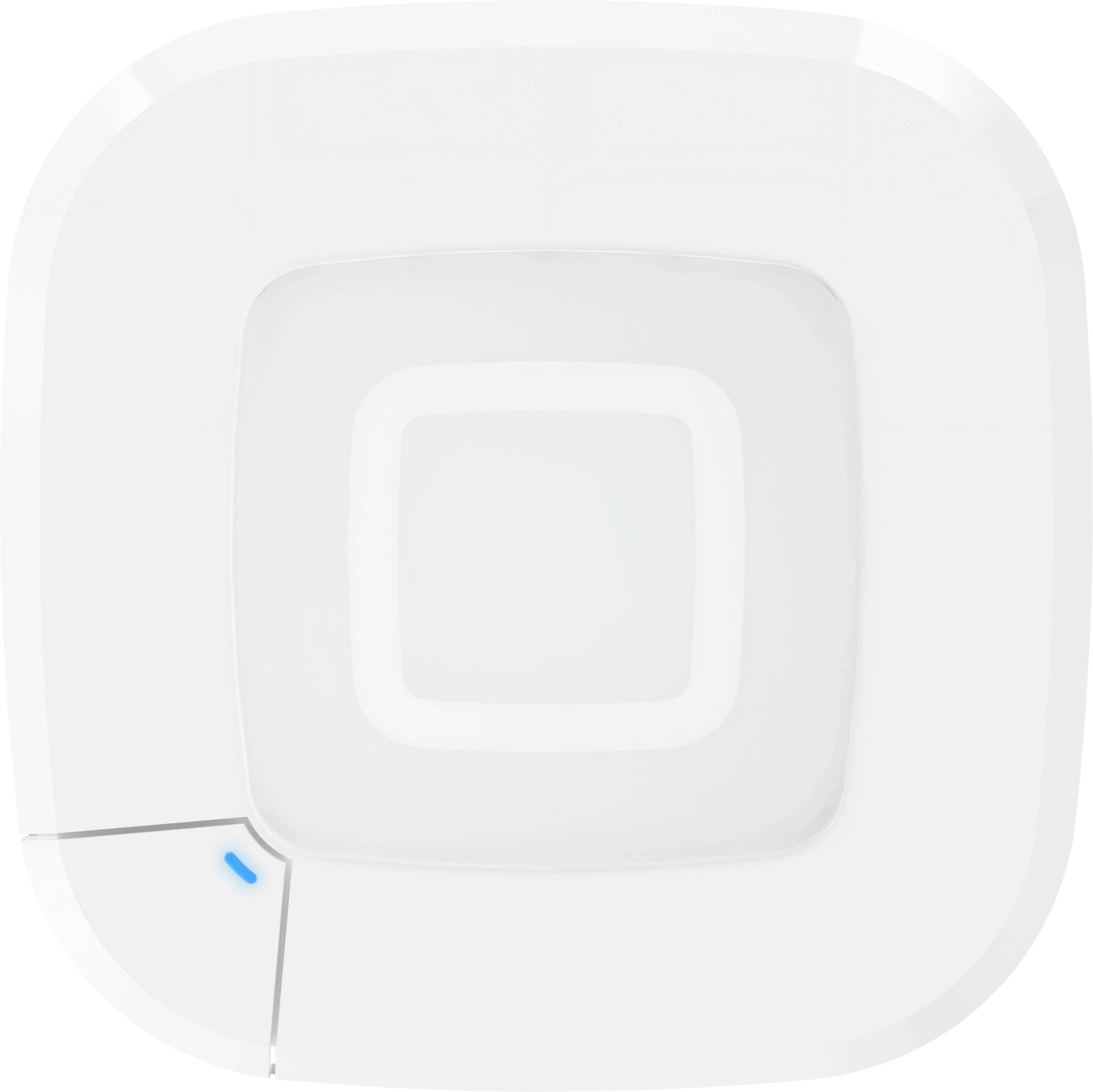 Ein weißer quadratischer Wireless Access Point mit modernem Design, der eine kleine blaue LED-Anzeige auf einer glatten Oberfläche aufweist.