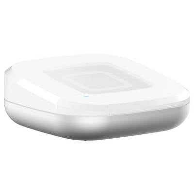 Ein weißes, quadratisches elektronisches Gerät mit abgerundeten Kanten, möglicherweise ein drahtloser Router oder Smart-Home-Hub, mit einem dezenten blauen Lichtindikator.