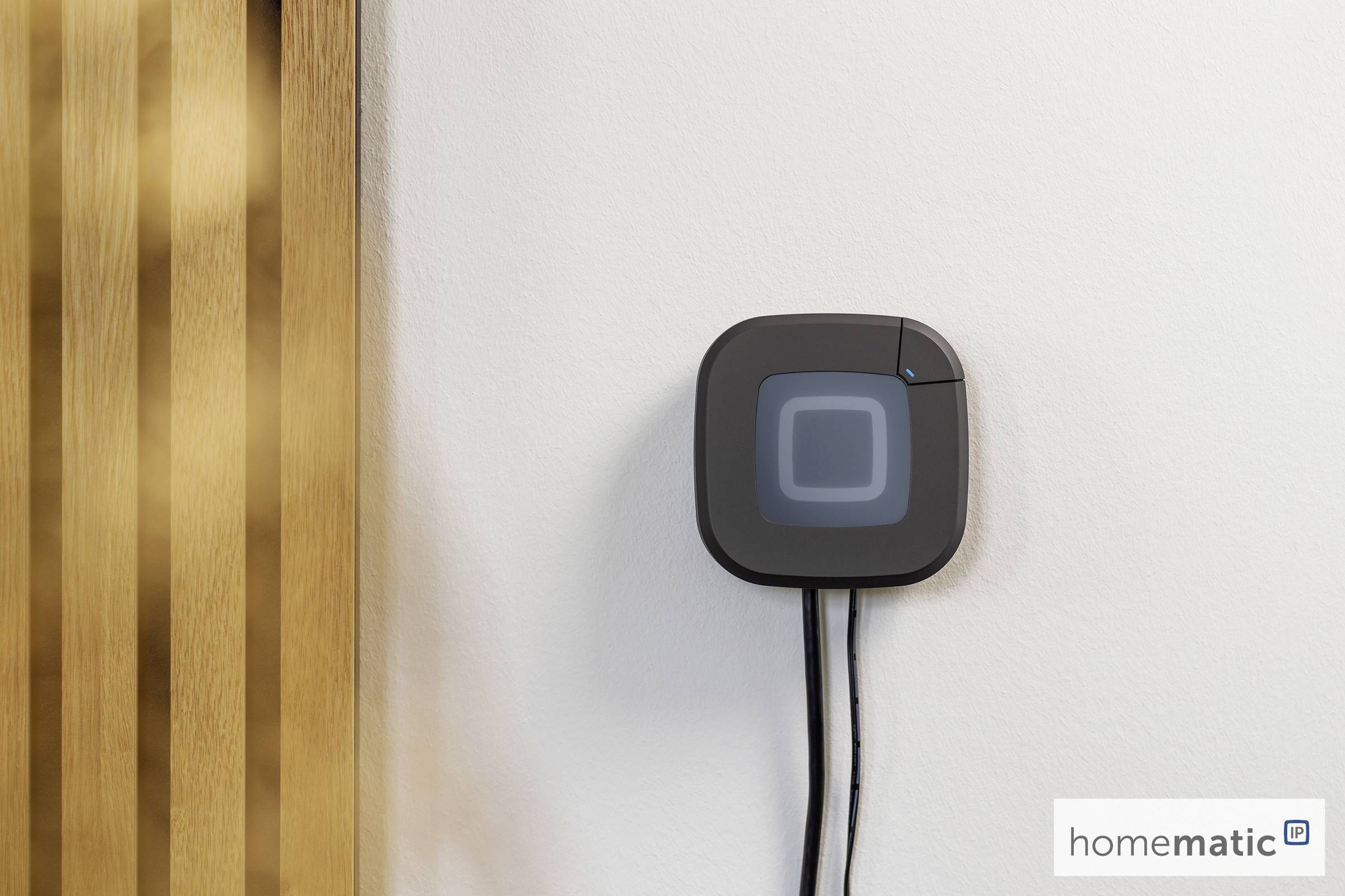 Ein an der Wand montiertes Smart-Gerät mit quadratischem Display und zwei Kabeln, neben Holzvertäfelung. Logo "homematic IP" befindet sich unten rechts.