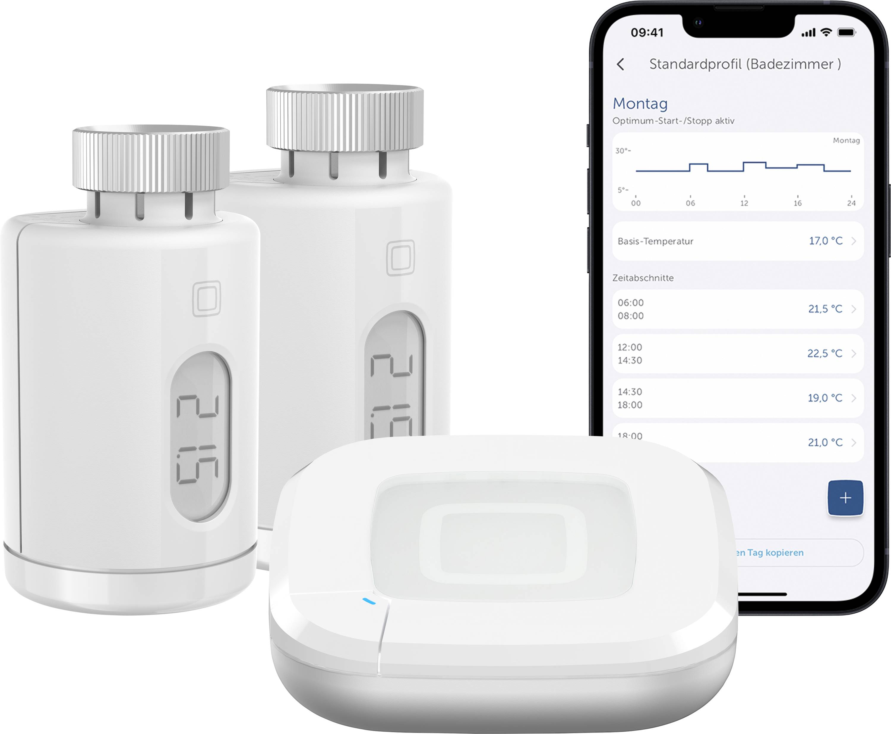 Zwei intelligente Heizkörperventile und ein Thermostat-Hub, die neben einem Smartphone mit einer App-Oberfläche mit Temperatureinstellungen angezeigt werden.