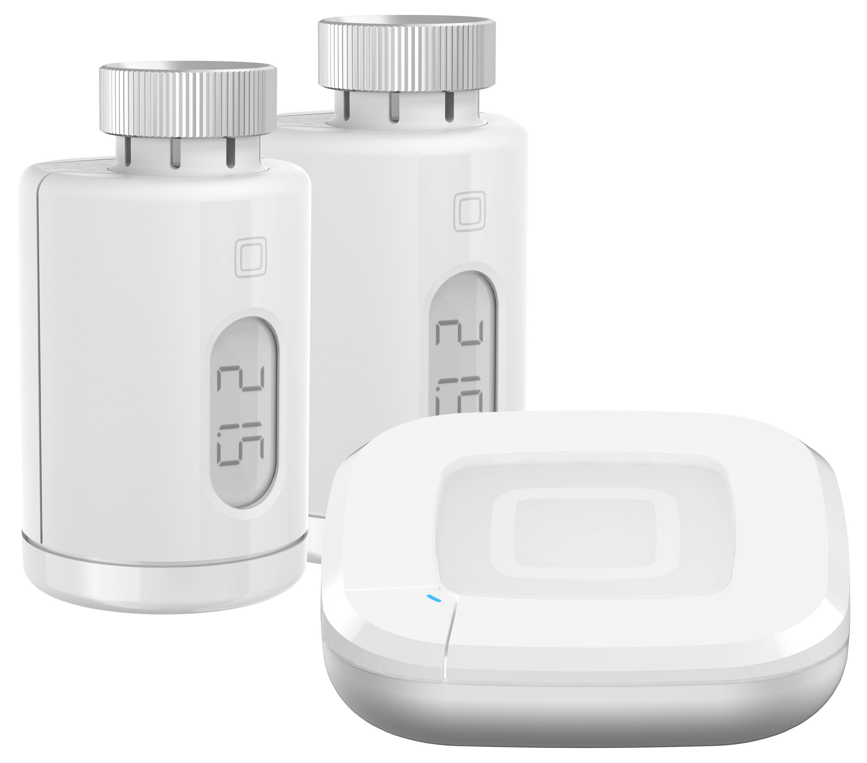Intelligentes Thermostat-System mit zwei Heizkörperventilen und einer zentralen Steuereinheit, alles in Weiß, zur effizienten Steuerung der Hausheizung.