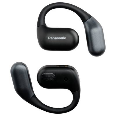 Zwei schwarze kabellose Panasonic-Kopfhörer, die so gestaltet sind, dass sie sich über das Ohr schlingen. Einer zeigt das Markenlogo, der andere präsentiert das Innere des Ohrhörers.