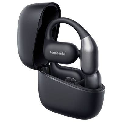 Schwarze kabellose Ohrhörer mit der Aufschrift "Panasonic" in einem passenden Ladeetui mit geöffnetem Deckel, die ein elegantes und modernes Design präsentieren.