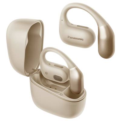 Beige Panasonic-Ohrhörer mit Ladeetui, mit einem speziellen Haken für sicheren Halt, geöffnet und geschlossen zur Präsentation dargestellt.