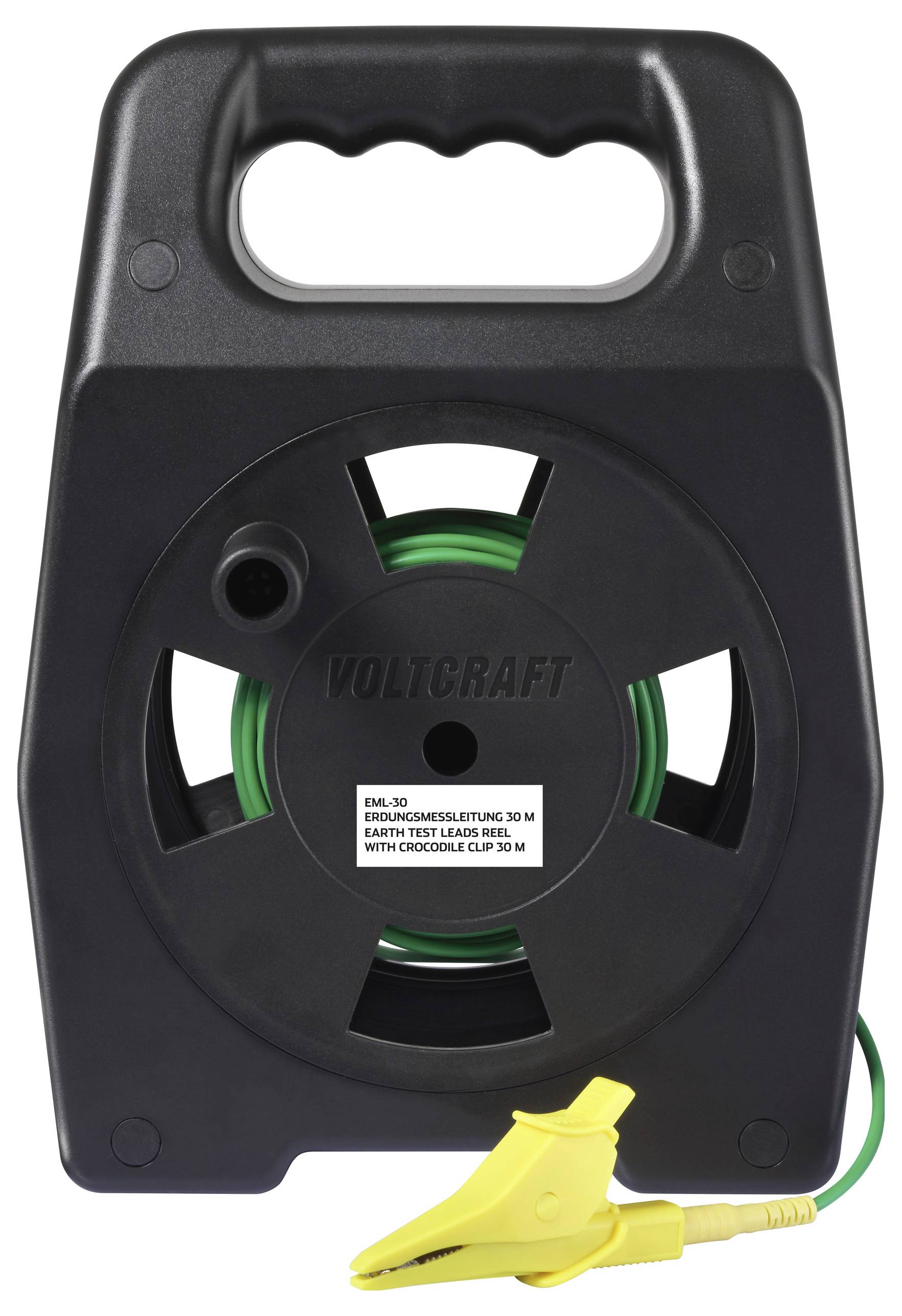 Eine schwarze Kabeltrommel mit der Aufschrift "Voltcraft", versehen mit einem Griff und einer gelben Krokodilklemme, an der ein grünes Verlängerungskabel aufgewickelt ist.