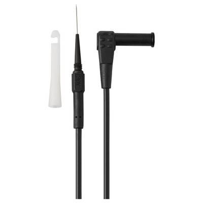 Eine schwarze elektronische Sonde mit einer spitzen Spitze, einem Rechtwinklanschluss und einer Schutzkappe an der Seite, die für präzise Messungen verwendet wird.