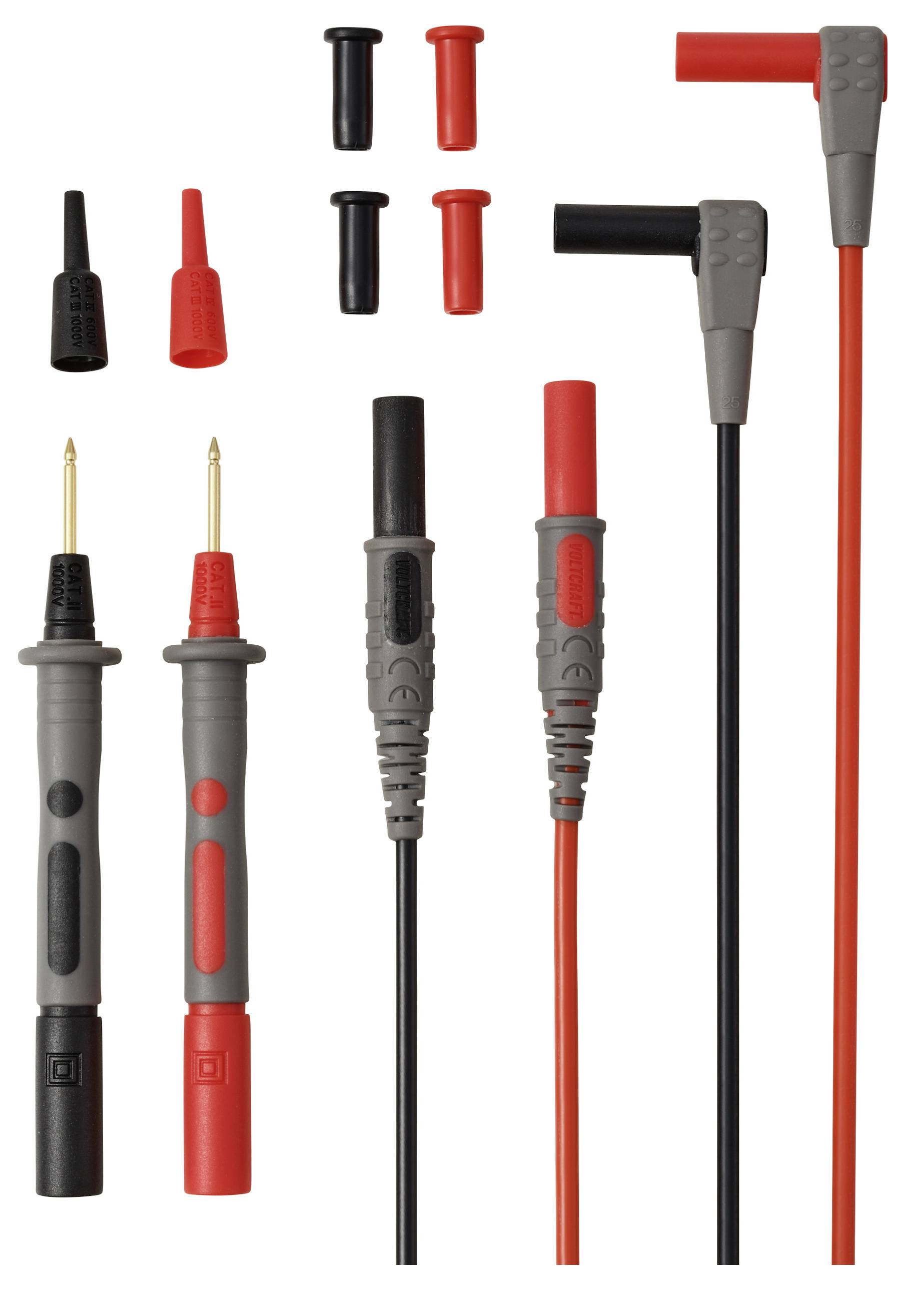 Ein Satz rot-schwarzer Multimeter-Messleitungen mit verschiedenen Anschlussspitzen, einschließlich spitzer Prüfspitzen und Abdeckungen, auf einem weißen Hintergrund angeordnet.