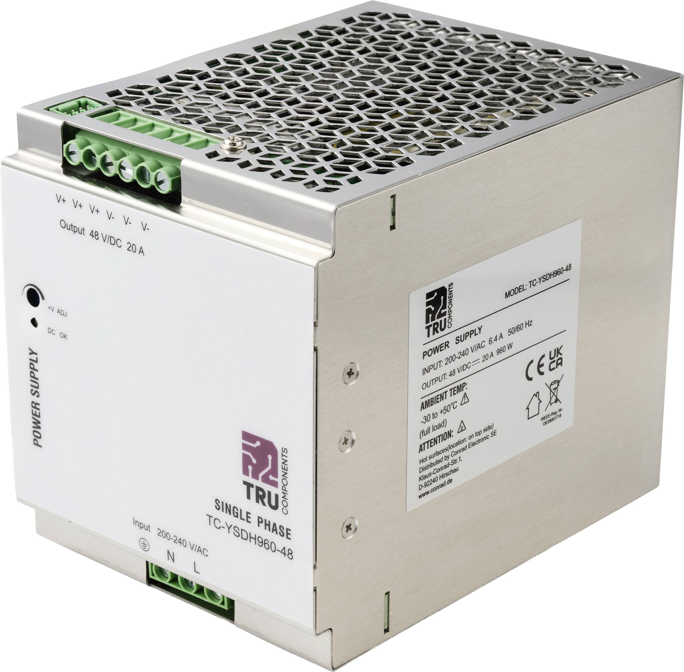 TRU COMPONENTS TC-13850172 Hutschienen-Netzteil (DIN-Rail) 48 V/DC 20 A 960 W Anzahl Ausgänge:1 x Inhalt 1 St.