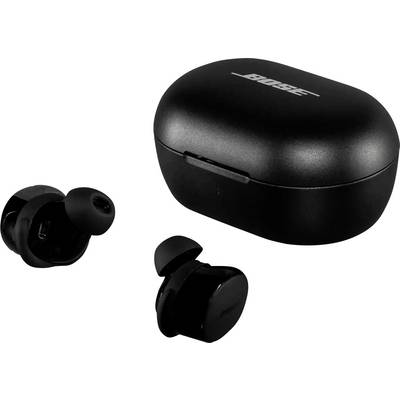 Kabellose Bose-Kopfhörer und Ladeetui in Schwarz, die ein kompaktes, elegantes Design für mobile Hörerlebnisse präsentieren.