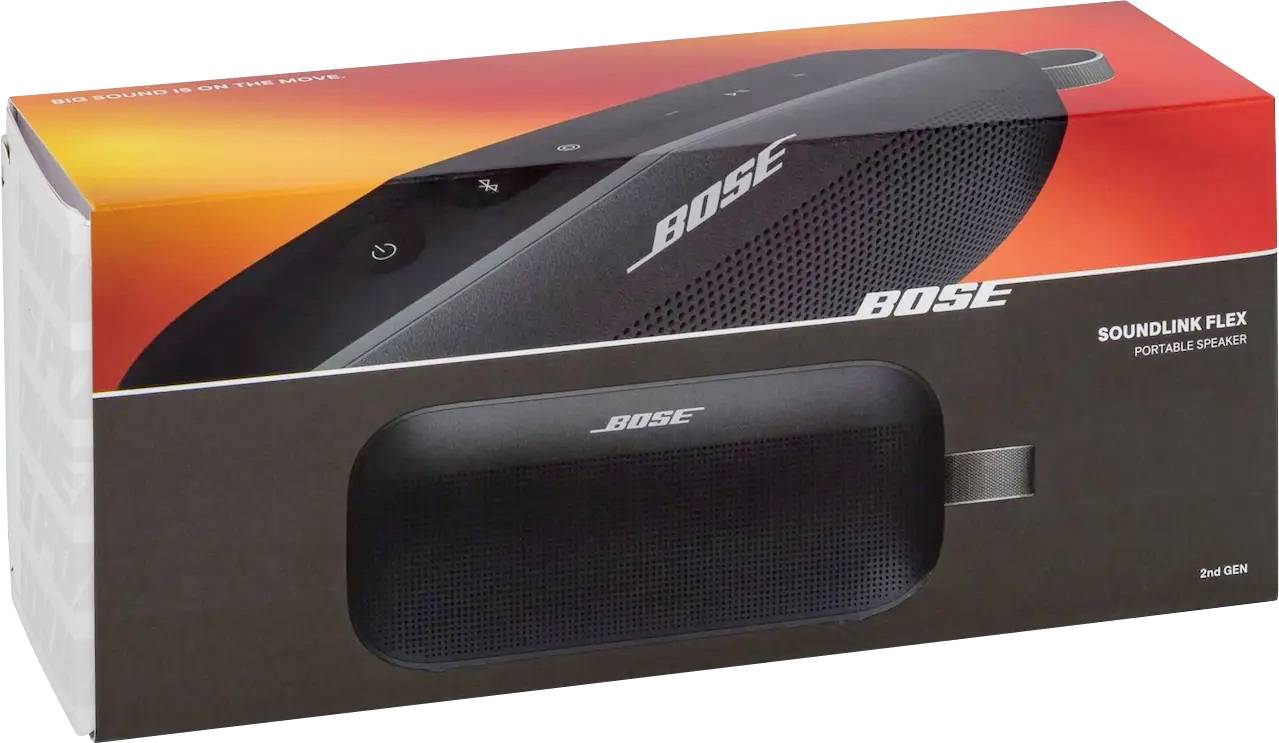 "Bose SoundLink Flex Tragbarer Lautsprecher 2. Generation" Produktverpackung zeigt eine Box mit einem Bild des Lautsprechers in Schwarz.