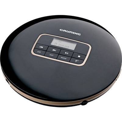 Ein schwarzer Grundig tragbarer CD-Player mit Bedienungstasten und einem kleinen Display-Bildschirm auf der Oberseite.