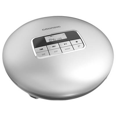 Ein grauer, runder tragbarer CD-Player mit digitaler Anzeige und Bedienungstasten auf der Oberseite, auf dem das 'Grundig' Logo zu sehen ist.