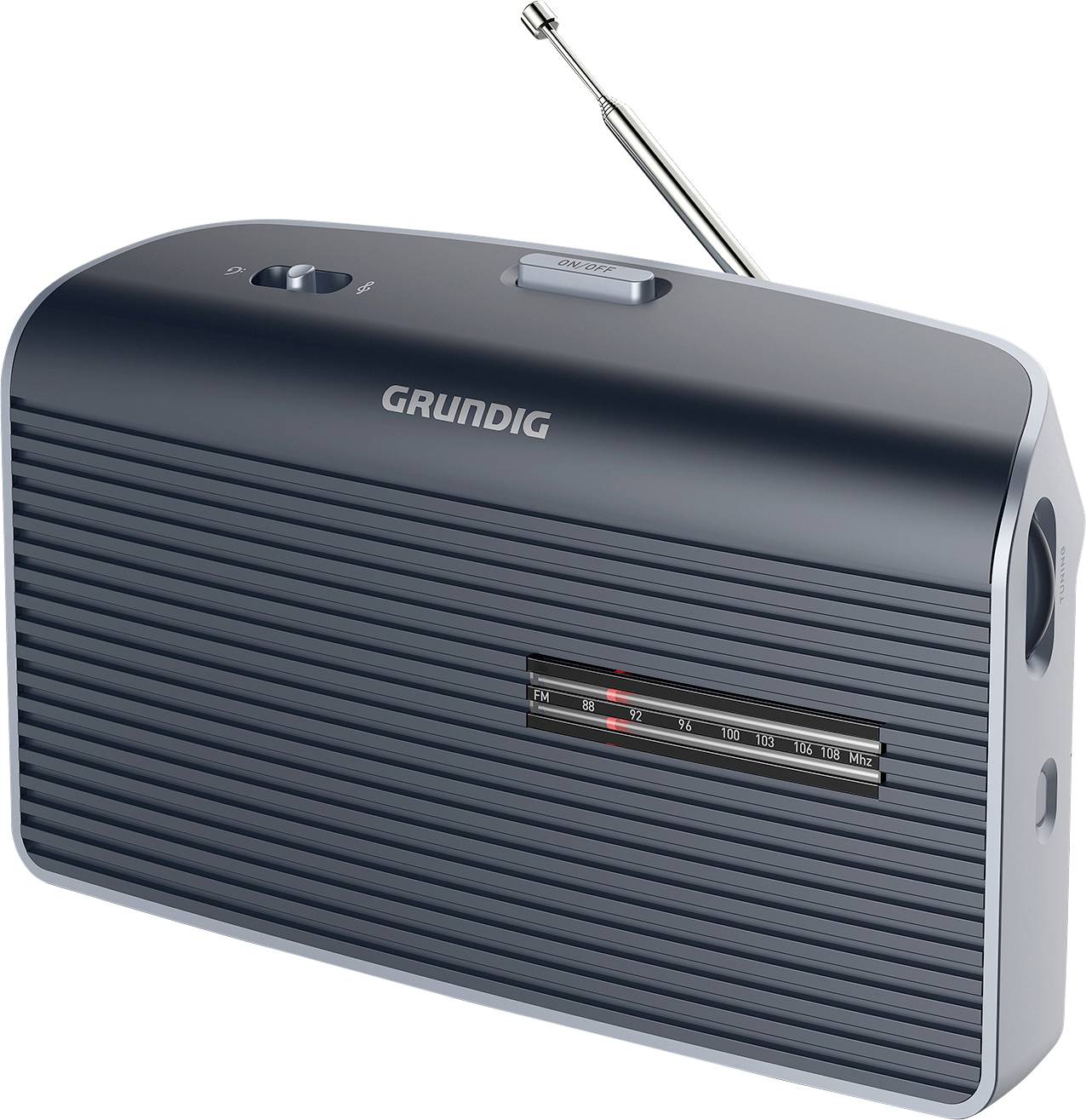 Ein tragbares Grundig-Radio mit ausgefahrener Antenne und sichtbarem Frequenzwahlschalter.