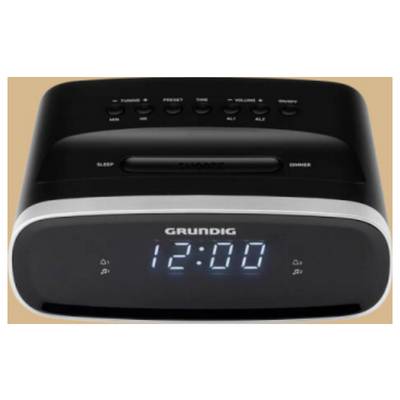 Eine digitale Weckuhr, die '12:00' auf ihrem Display zeigt, mit Bedienungstasten für Abstimmung, Voreinstellung, Lautstärke, Schlummern und Ein/Aus oben auf dem Gerät.
