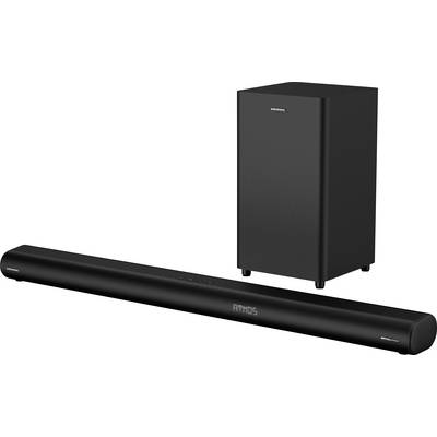 Soundbar- und Subwoofer-Set von Grundig, elegantes schwarzes Design. Die Soundbar verfügt über ein Display, das 'Atmos' zeigt und auf die Dolby Atmos-Funktion hinweist.