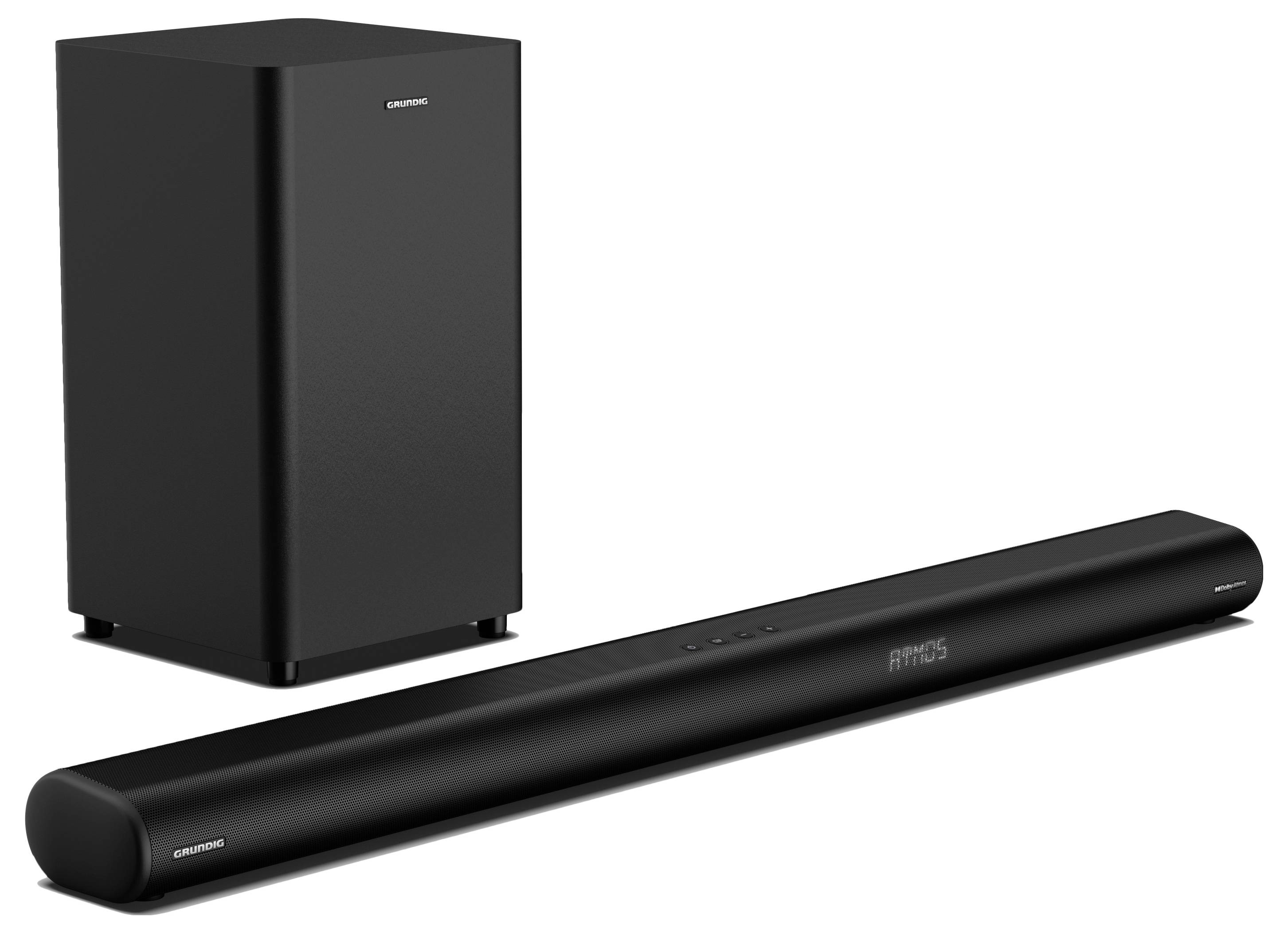 Ein schlankes schwarzes Soundbar- und Subwoofer-Set mit minimalistischem Design, das darauf ausgelegt ist, Heimaudiosysteme mit reichhaltigem Klangvolumen zu verbessern.