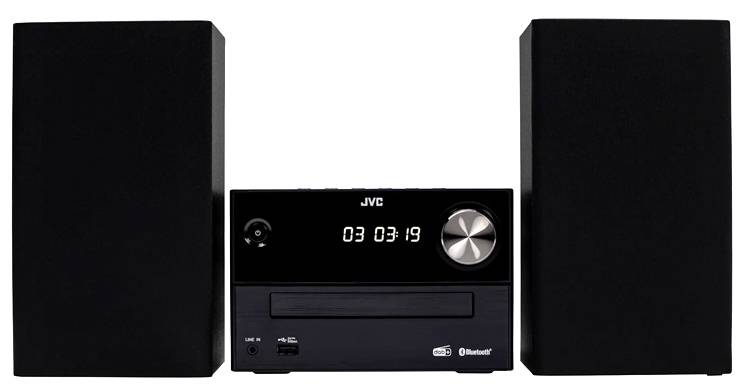 Ein schwarzes JVC Stereosystem mit zwei Lautsprechern. Die Anzeige zeigt '03 03 19'. Zu den Funktionen gehören CD-Eingang und Bluetooth-Konnektivität.