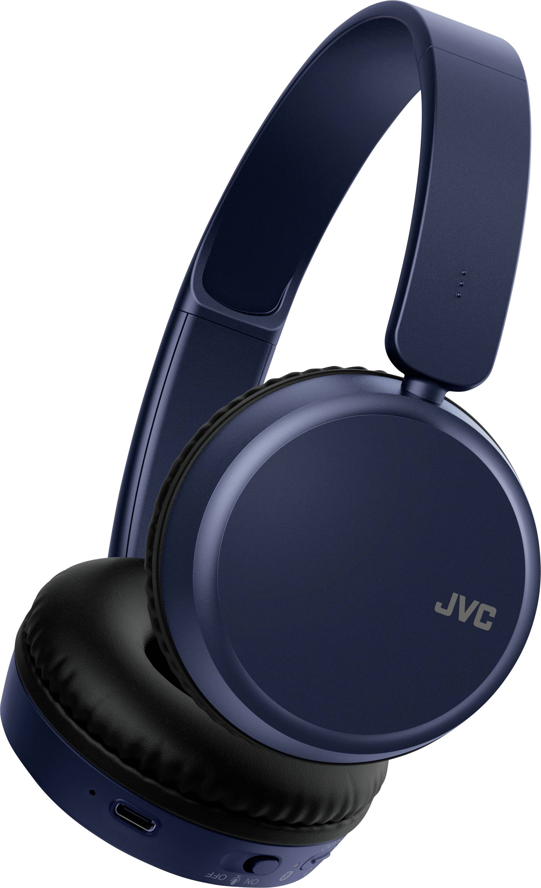 Blaue kabellose JVC-Kopfhörer mit gepolsterten Ohrmuscheln und verstellbarem Kopfbügel, von der Seite auf weißem Hintergrund abgebildet.