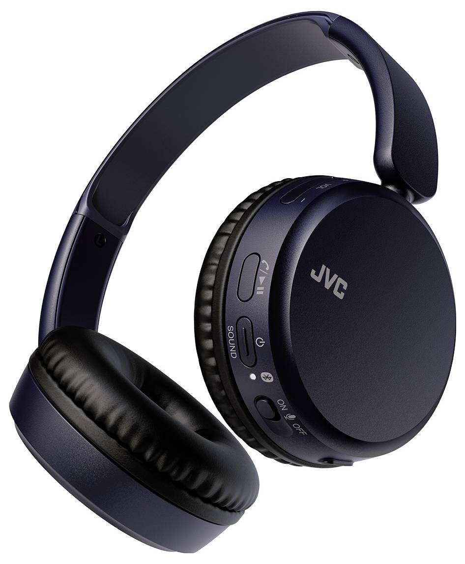 Schwarze drahtlose Over-Ear-Kopfhörer mit gepolsterten Ohrmuscheln und Bedienungstasten auf der rechten Seite, mit dem 'JVC'-Logo.