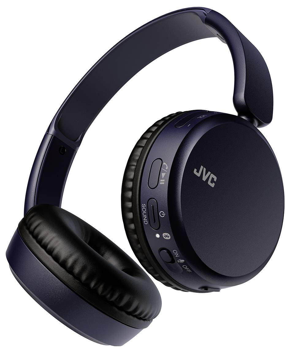JVC kabellose Over-Ear-Kopfhörer in dunkelblau, mit Steuerungstasten an der Seite zur Klangeinstellung und Konnektivität.