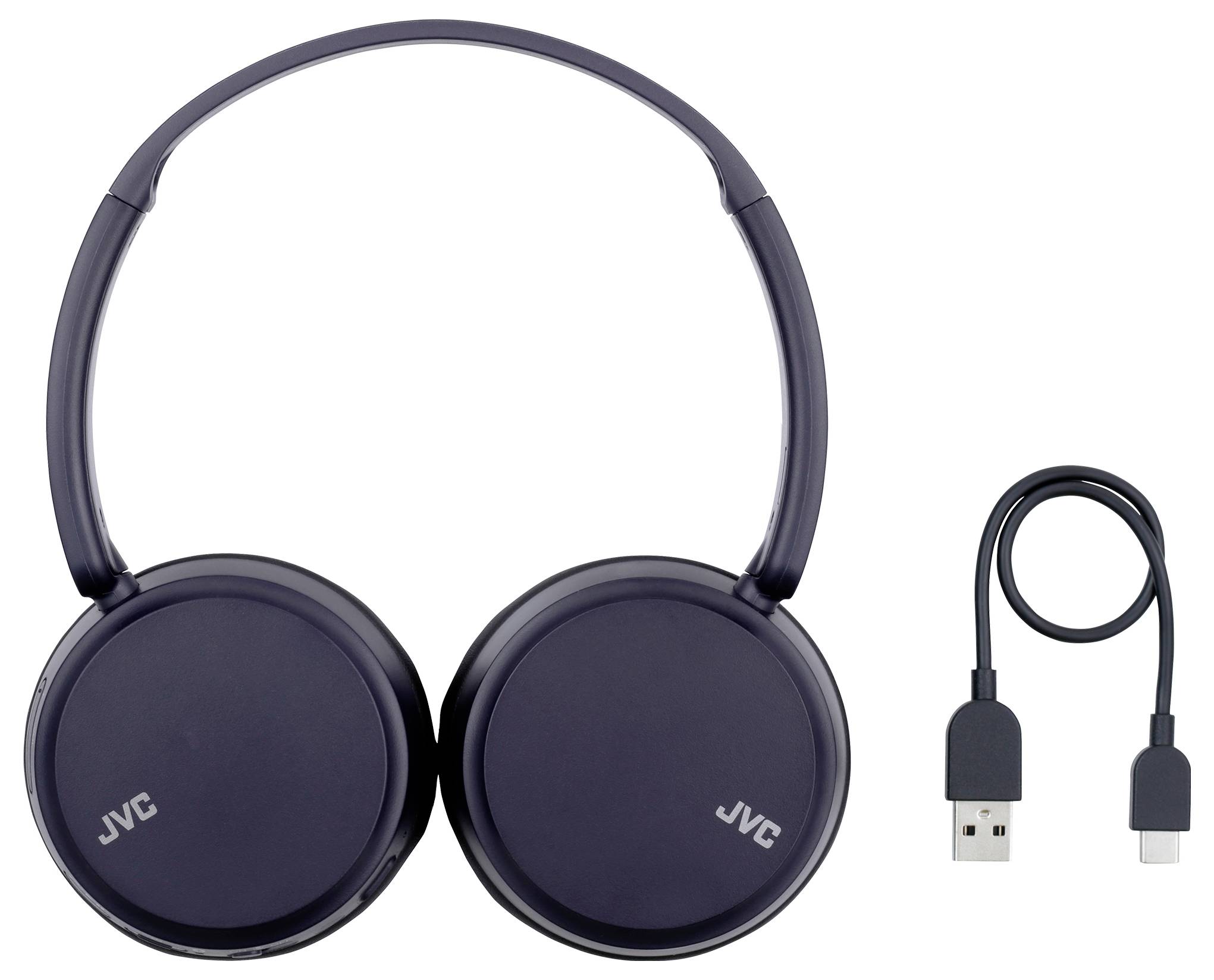 Schwarze JVC kabellose Kopfhörer mit einem angeschlossenen USB-Kabel, separat dargestellt.