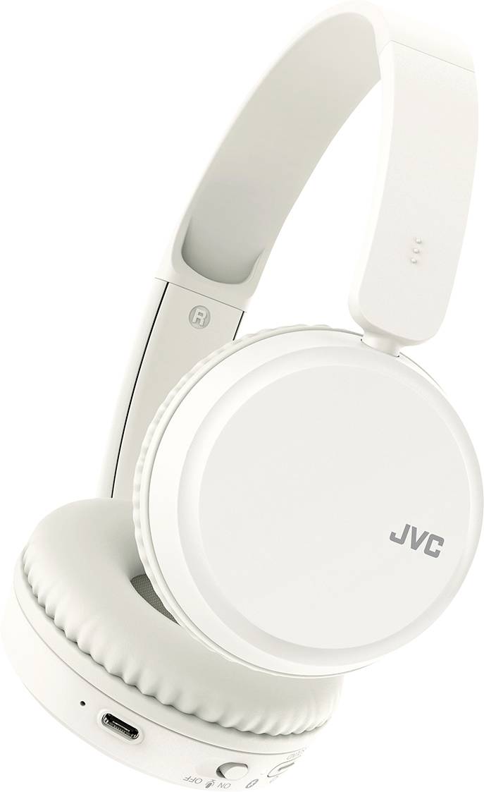 Weiße JVC kabellose Over-Ear-Kopfhörer mit gepolsterten Ohrmuscheln und verstellbarem Kopfbügel, ausgestattet mit einem USB-C-Ladeanschluss an der Ohrmuschel.