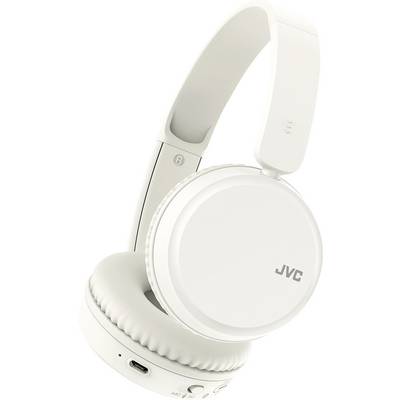 Weiße JVC kabellose Over-Ear-Kopfhörer mit gepolsterten Ohrmuscheln und verstellbarem Kopfbügel, ausgestattet mit einem USB-C-Ladeanschluss an der Ohrmuschel.