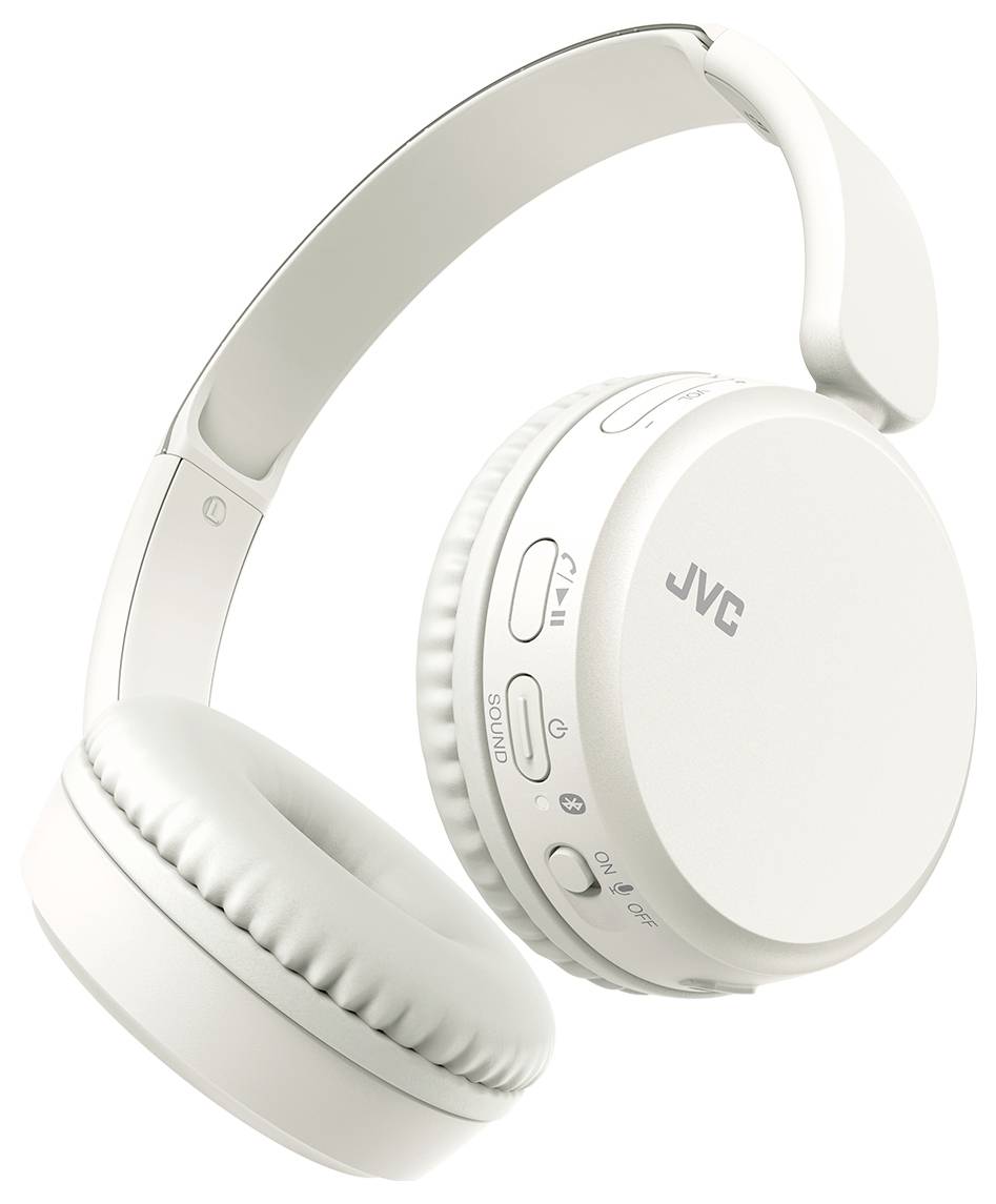 Weiße JVC drahtlose Kopfhörer mit gepolsterten Ohrmuscheln, Bedienungstasten und einem flexiblen Kopfbügel.